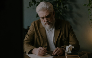 older gentleman writing at a desk. He appears to be revising a paper